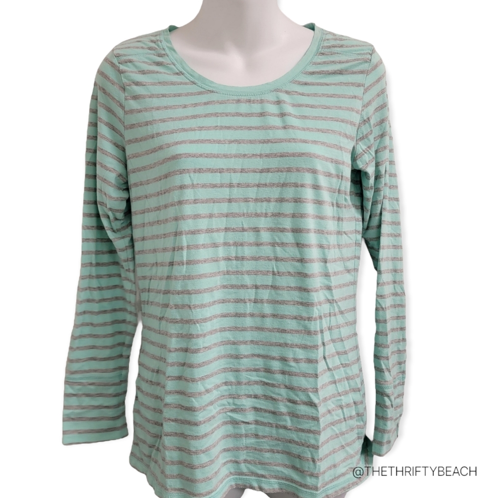 a.n.a Mint Green & Gray Striped Scoop Neck Long Sleeve Top - Size M